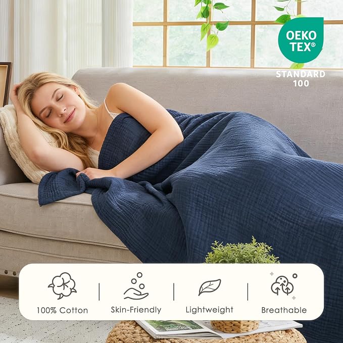EMME Muslin Blankets for Adults Navy Small Blanket 40" x 50" | Throw Blanket - Image 3