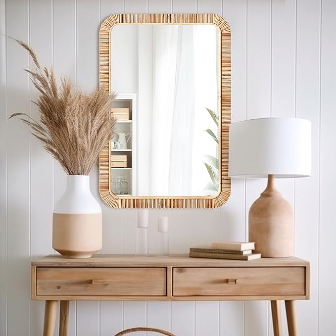 Barnyard Designs Rectangular Rattan Wall Mirror, Natural Tan Woven Rattan Frame - Image 3
