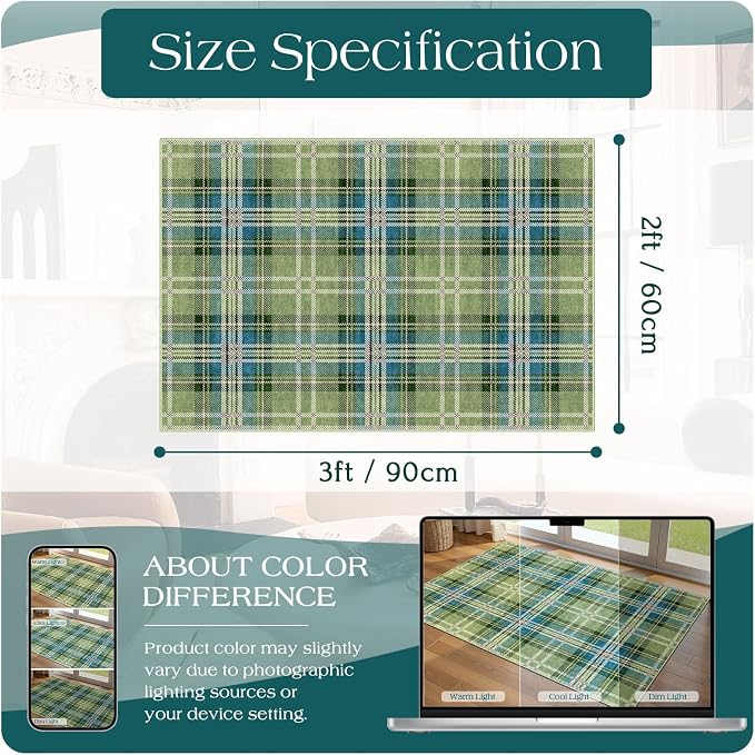 Front Door Mat Outside Entrance, 2x3 Green Teal Tartan Plaid Rug | Non-Slip - Image 2