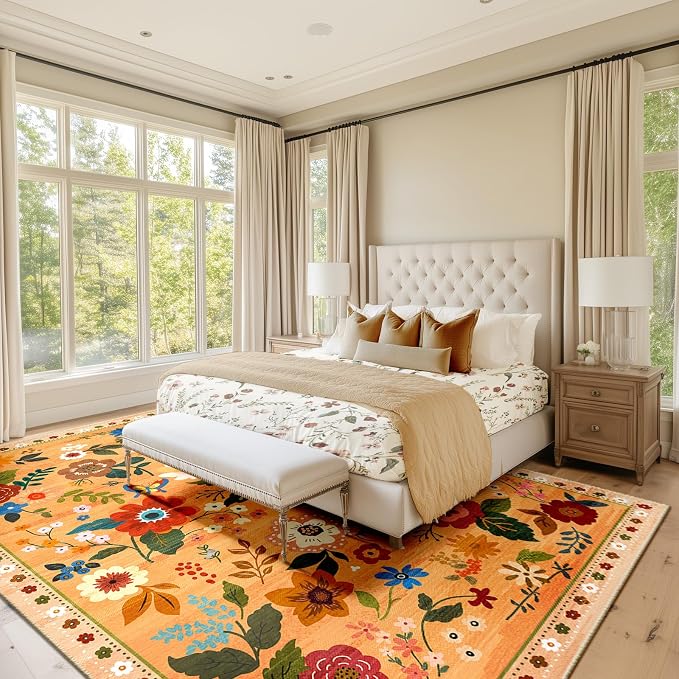 RELEANY Floral Washable 9x12 Area Rugs Yellow/Orange/Red | Flower Carpet Print - Image 8