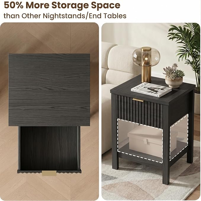 Fluted Night Stand with Golden Handle, Bedside Table with Storage Shelf - Image 4