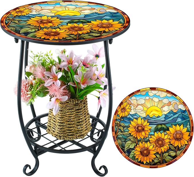 Cinnvoice Outdoor Side Table Round Small Mosaic Patio Accent Indoor End Plant by Cinnvoice