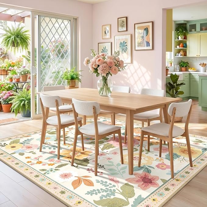 RELEANY Floral Washable Square 6ft Area Rug Beige/White/Orange | Flower Carpet - Image 2