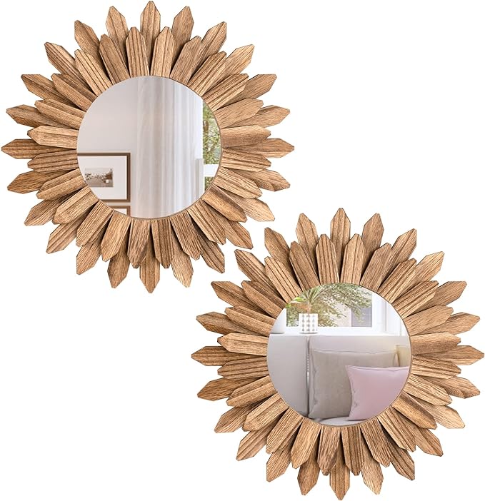 Honiway Boho Wall Decor Mirror 2 Pack Rustic Wood Mirror 12 inch Boho Mirror by Honiway