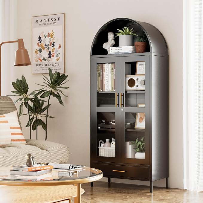 Arched Cabinet with Glass Doors, Modern Kitchen Pantry Cabinet with 2 - Image 2