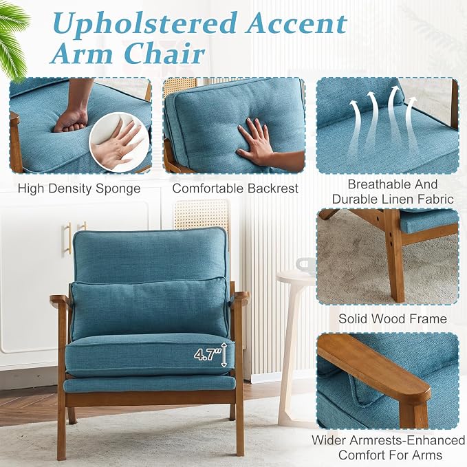 VINGLI Solid Wood Wide Armrests Accent Chair, Upholstered Mid Century Modern - Image 5