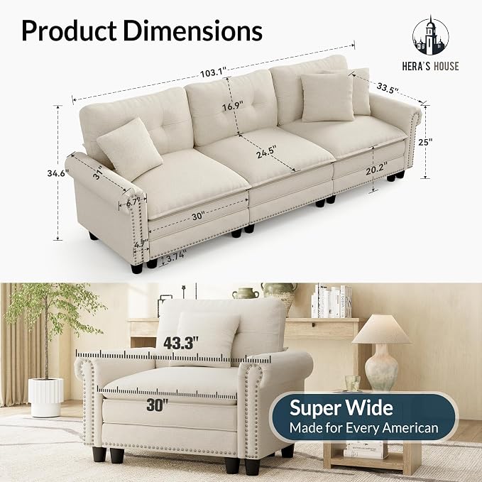 HERA'S HOUSE 116.11" Mid-Century Modern Couch, Oversized Sectional Couch - Image 2