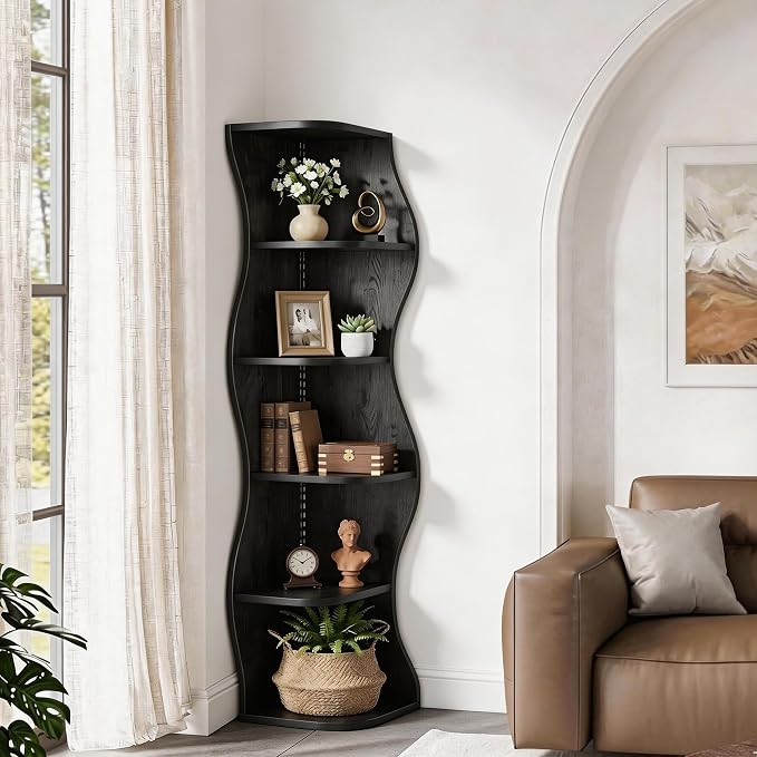 VECELO Wavy Corner Shelf with LED Light, Decorative 6-Tier Corner Display - Image 5