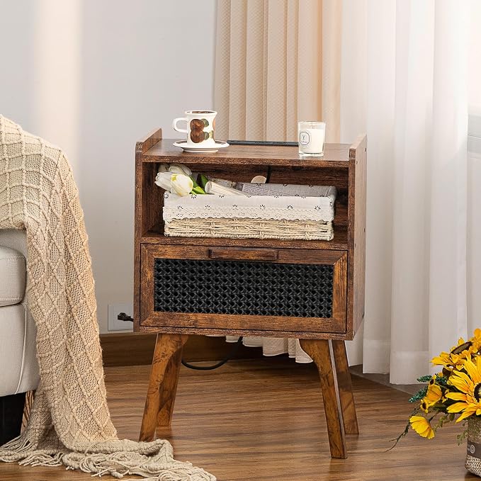 Lerliuo Rattan Nightstand with Charging Station, Side Table with Drawer Open - Image 5