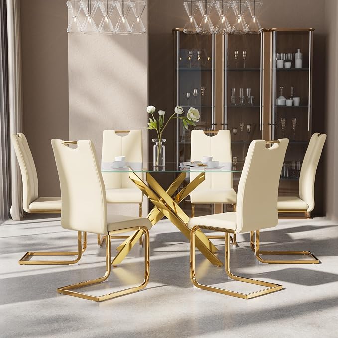 7-Piece Dining Table Set for 6, Modern Rectangular Glass Table - Image 3