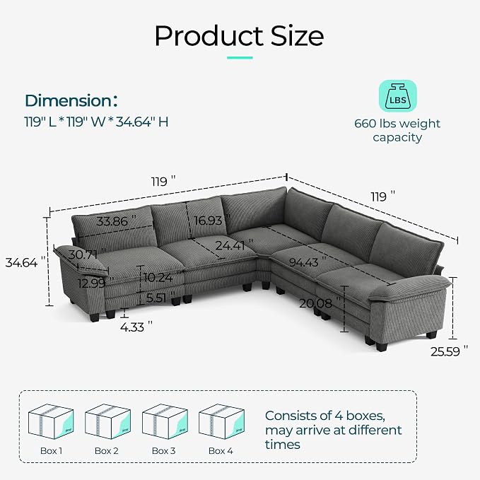 LINSY HOME Modular Sectional Sofa, 5-Seat Corduroy Modern Cloud Couch - Image 2