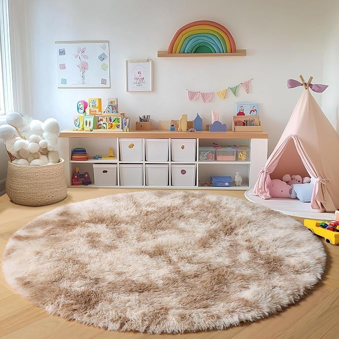 Round Rugs 6ft for Living Room Bedroom, Tie-Dye Beige Fluffy Circle Area Rug - Image 4