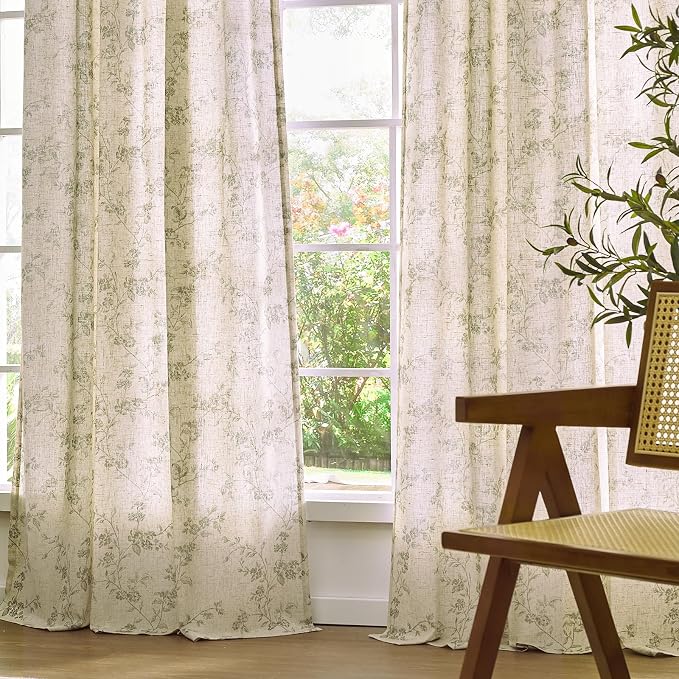 Green Vintage Floral Linen Curtains Farmhouse 38W X 84L 2 Panels | Elisa Series - Image 9