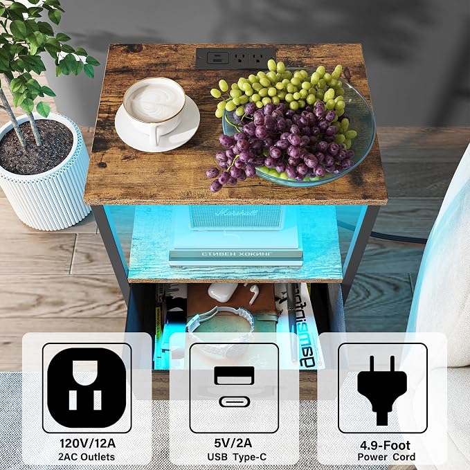 TUTOTAK LED End Table with Charging Station, Night Stand, Side Table with 2 USB - Image 7