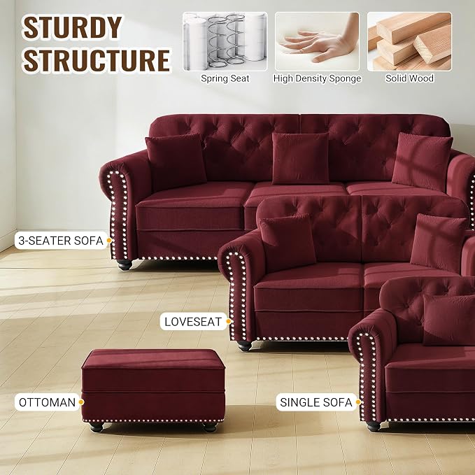 KEIKI 63" Velvet Chesterfield Sofa - Image 7