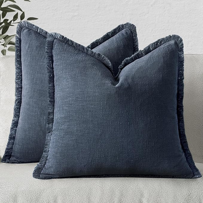 MIULEE Linen Fringe Decorative Euro Throw Pillow Covers Indigo Blue 26x26 | Set by MIULEE