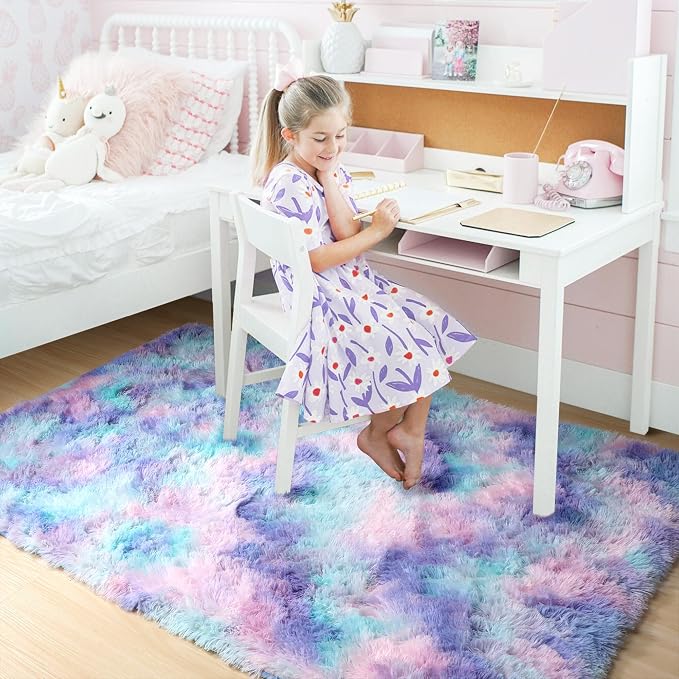 Amdrebio Purple Rainbow Mermaid Fluffy Kids Area Rug 4x6 - Image 3