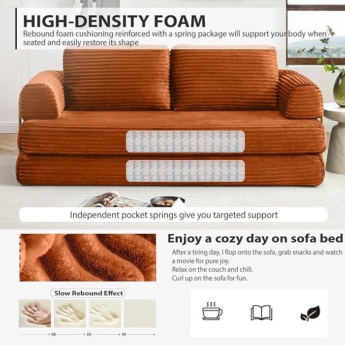 HANXIN 80 Inch Convertible Sleeper Sofa Bed, High Back Plush Corduroy Folding - Image 4