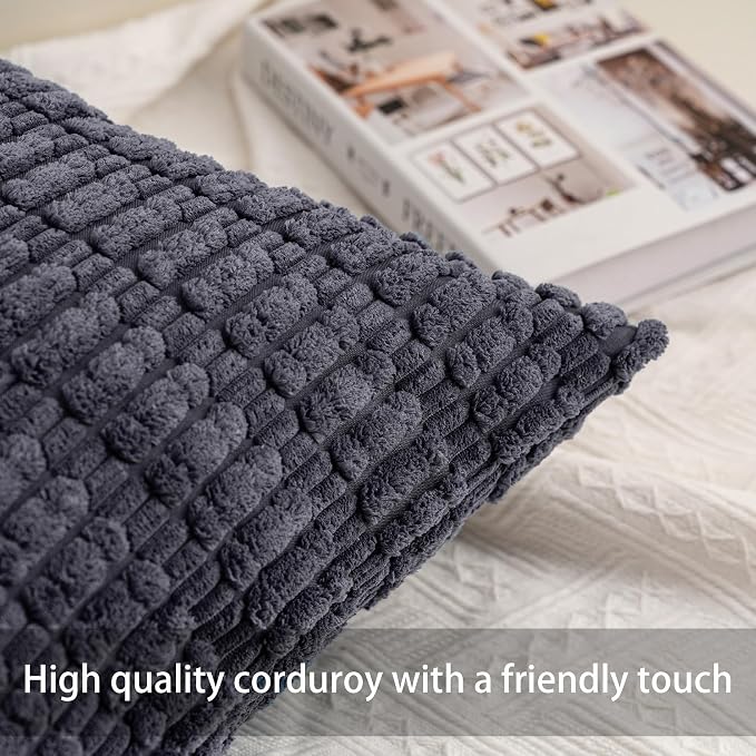 Pack of 2 Corduroy Decorative Throw Pillow Covers 16x16 Inch, Dark Grey | Fall - Image 2