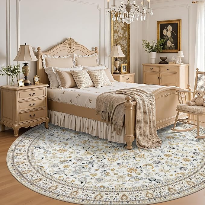 Round Area Rug for Living Room: 6ft Washable Rug for Bedroom Beige | Vintage - Image 4