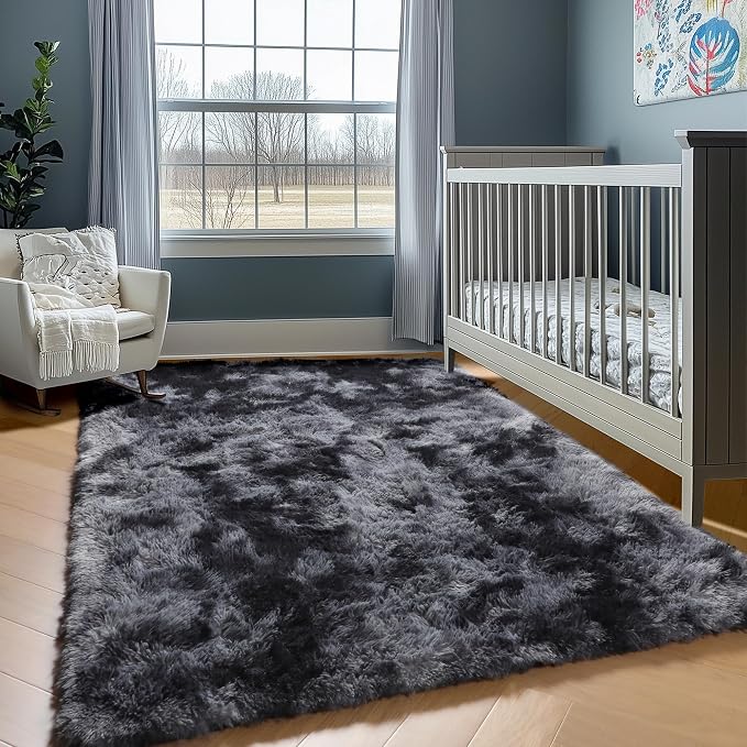 Rugs for Living Room Bedroom, 5x8 Fluffy Tie-Dyed Dark Grey Bedside Area Rug - Image 5
