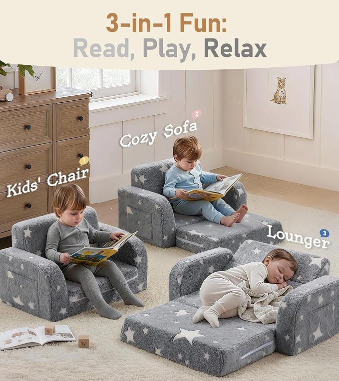 3-in-1 Extra Wide Convertible Kids Couch, Flip Open Toddler Couch to Lounger - Image 3