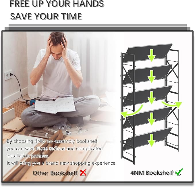 4NM Extra Wide 5 Tiers No Assembly Book Shelves, 51.2" H Folding Bookshelf - Image 7