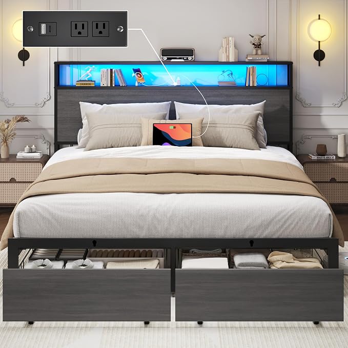 Lifezone Full Bed Frame with 2-Tier Storage Headboard, Metal Bed Frame with by Lifezone