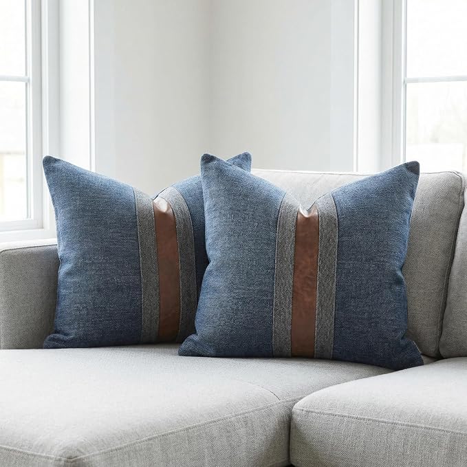 Set of 2 Leather Throw Pillow Covers Cotton Linen Decor Patchwork Pillow Cover - Image 2