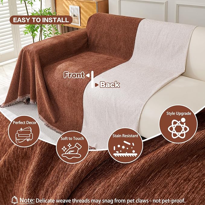DREAMINGO Sofa Covers for 3 Cushion Couch Chenille Couch Cover Blanket - Image 3