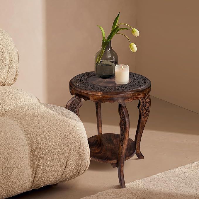 Farmhouse Round Accent End Table, Rustic Side Table Nightstands - Image 9