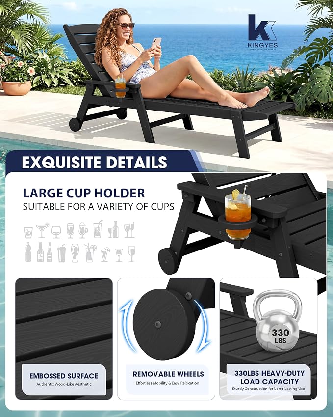 KINGYES HDPE Lounge Chair Outdoor, Patio Chaise Lounge Recliner - Image 4