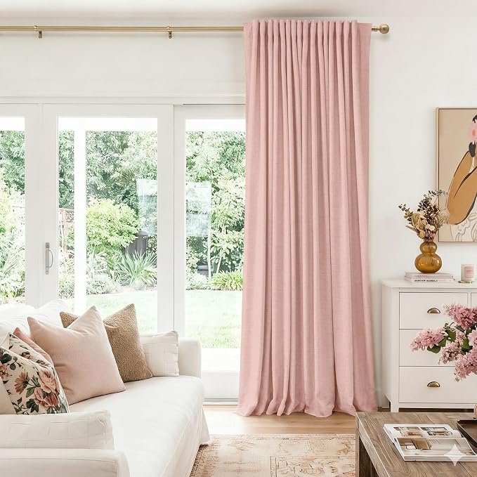 Linen Textured Total Blackout Sliding Door Curtain 108 Inch Long Blush Pink | - Image 5