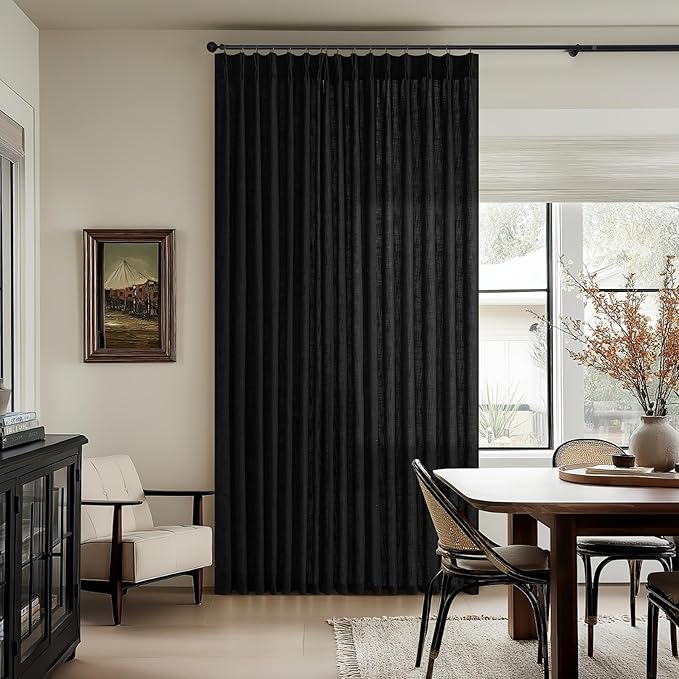Black Linen Pleated Memory Shaped Semi Sheer Privacy Curtains 102 Inch Long | - Image 8