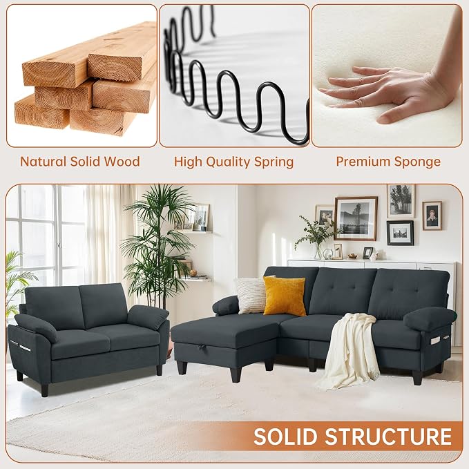 84" Convertible Sectional Sofa Set, 3 Seat L Shaped Couch - Image 3