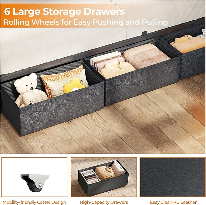 OURPIC Full Size Bed Frame, 2-Tier Storage Headboard & 6 Fabric Drawers - Image 6
