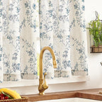 Blue on Beige Linen Kitchen Curtains Rod Pocket 26W X 24L 2 Panels | Elisa - Image 7