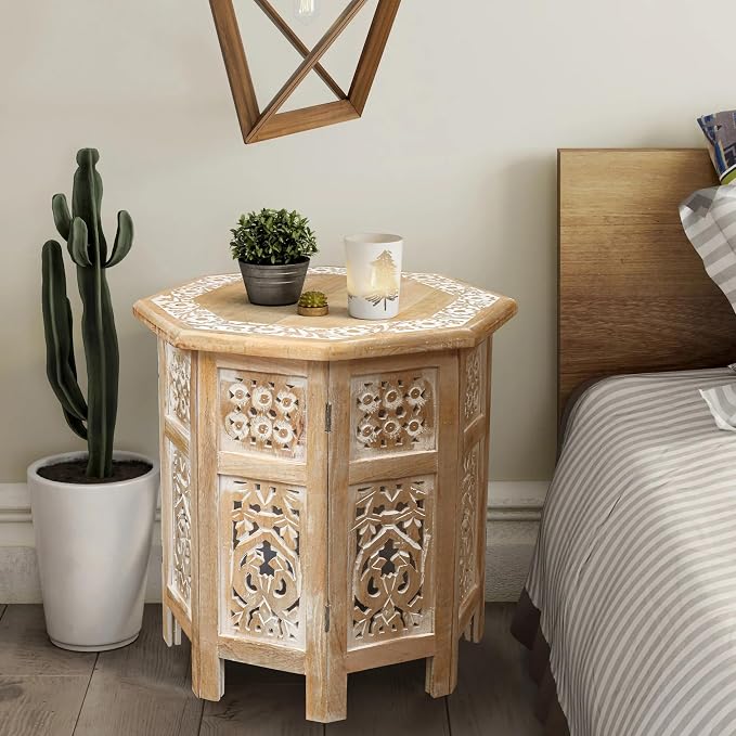 Side Tables– Hand Carved Vintage Boho Folding End Tables - Image 8