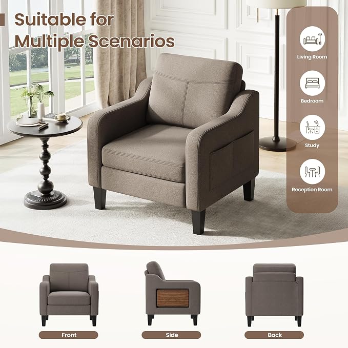 Accent Chair for Living Room Modern Linen Upholstered Armchair Side Wooden - Image 5