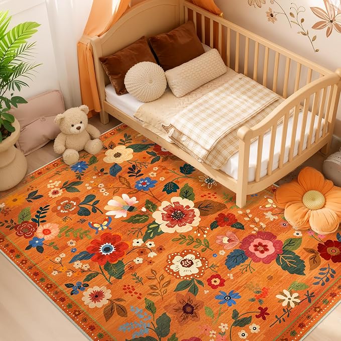 RELEANY Floral Washable 6x9 Area Rugs BurntOrange | Flower Carpet Print Boho - Image 2