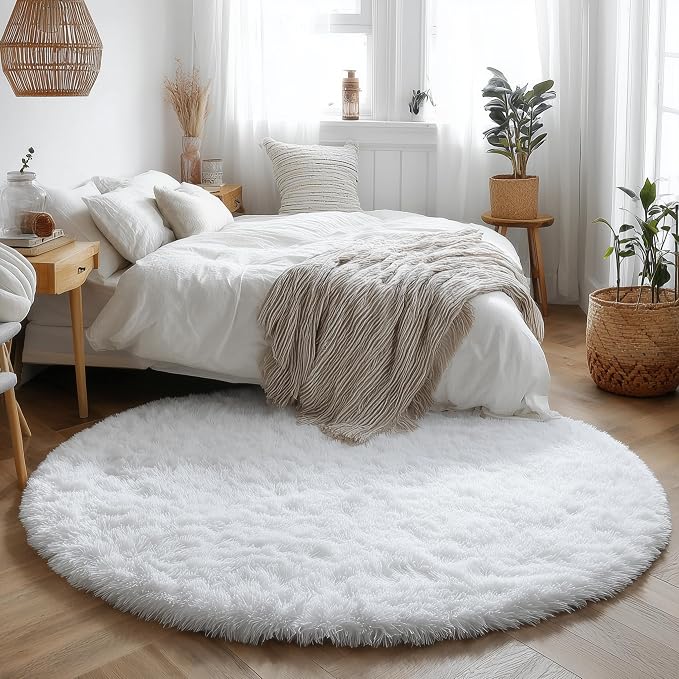 Amdrebio White Fluffy Round Rug 4Ft - Image 5