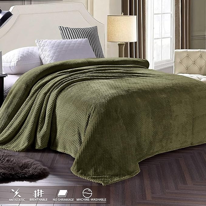 Exclusivo Mezcla Soft Waffle Fleece Bed Blanket Twin Size, Olive | Lightweight - Image 3