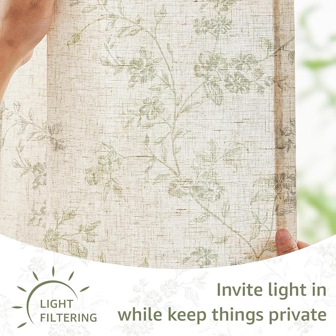 Green on Beige Linen Kitchen Curtains Rod Pocket 26W X 24L 2 Panels | Elisa - Image 6