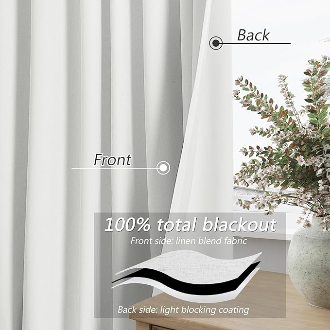 White 100% Blackout Linen Curtains 72 Inch Length 2 Panels Set - Image 3