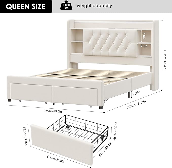 Queen Bed Frame with Drawers, Hidden-Cubby & Shelves Storage Headboard with - Image 2
