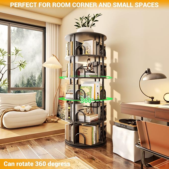 Aheaplus 5 Tier Rotating Bookshelf Tower, 360 Display Spinning Bookcase - Image 7