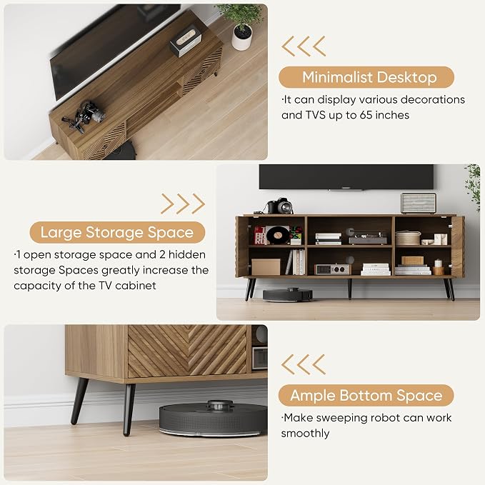 Smuxee Walnut TV Stand with Fluted Diamond Doors, 55.12" Mid Century Modern TV - Image 4