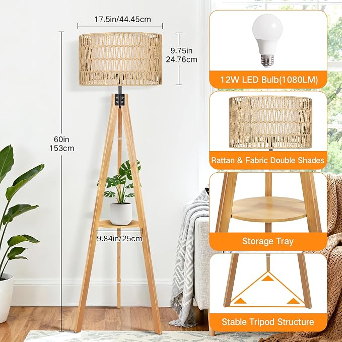 OUTON Boho Rattan Tripod Floor Lamp - Image 6
