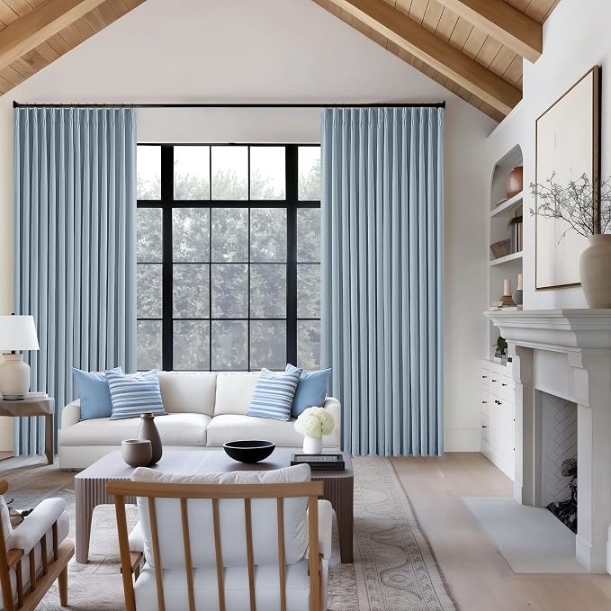 Blue Grey Pinch Pleated Full Blackout Curtains Linen 80 Inch Window Curtain | - Image 7