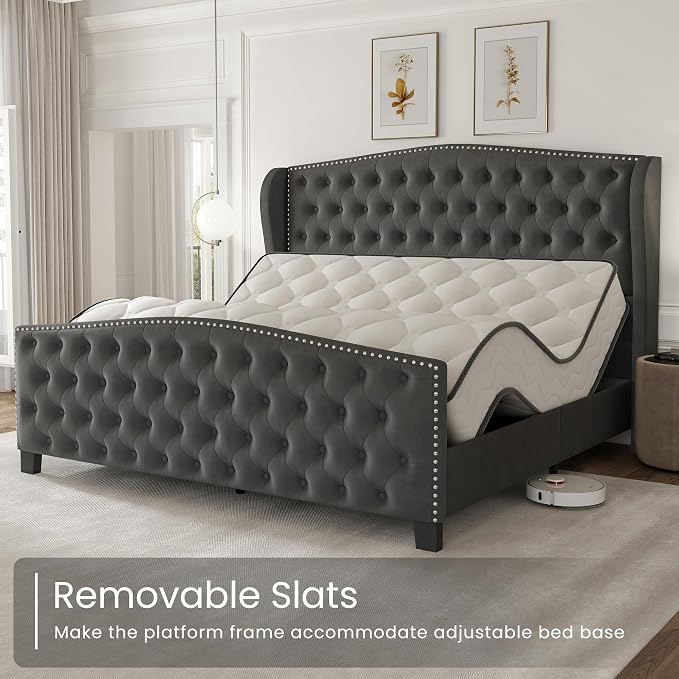 LARMACE King Size Bed Frame Velvet Upholstered Platform Bed - Image 9